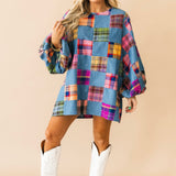 Denim and Multi Plaid Checkered Bubble Sleeve Dress | Queen Of Sparkles