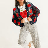 Crochet Navy & Red Sequin Apple Button Up Sweater | Queen Of Sparkles