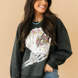 Charcoal Skeleton Holding Queen Cards Rhinestone Sweatshirt | Queen Of Sparkles