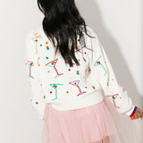 White Multi Cosmo & Martini Button Up Cardigan W/ Rainbow Trim | Queen Of Sparkles