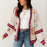 Stripe Trim Multi Icon Button Up Cardigan | Queen Of Sparkles
