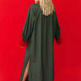Dark Green Multi Christmas Lights Feather Trim Midi Dress | Queen Of Sparkles