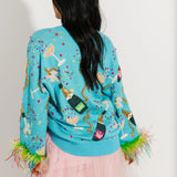 Aqua Popping Champagne Bottle & Coupe Feather Sleeve Button Up Cardigan | Queen Of Sparkles