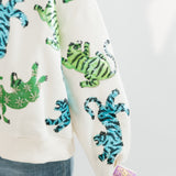 Beige Green & Blue Crawling Tigers Sweatshirt | Queen Of Sparkles