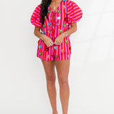 Hot Pink Stripe Sequin Flower Cotton Short | Queen Of Sparkles