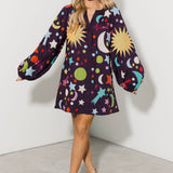 Dark Purple Multi Galaxy Button Up Cotton Bubble Sleeve Dress | Queen Of Sparkles