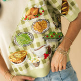 Ivory & Green Gingham Colorblock Thanksgiving Meal Knit Top | Queen Of Sparkles