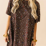Brown Multi Rhinestone Cotton Short Sleeve Dress | Queen Of Sparkles