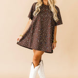 Brown Multi Rhinestone Cotton Short Sleeve Dress | Queen Of Sparkles