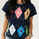 Navy Multi Argyle Golfer Tee | Queen Of Sparkles