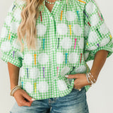 Green & White Gingham Golf Ball & Golf Tee Button Up Cotton Top | Queen Of Sparkles