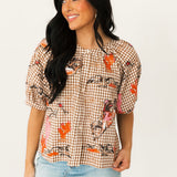 Brown Gingham Bucking Cowgirl Button Up Cotton Top | Queen Of Sparkles
