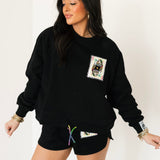 Black QOS Queen Card Rhinestone Tie Sweatshirt | Queen Of Sparkles