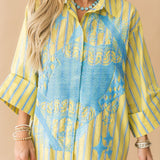 Green & Aqua Striped QOS Card Logo Cotton Tunic | Queen Of Sparkles