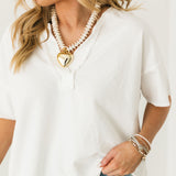 Split Neck Short Sleeve Top | White