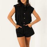 Black Full Rhinestone Button Up Romper | Queen Of Sparkles
