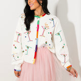 White Multi Cosmo & Martini Button Up Cardigan W/ Rainbow Trim | Queen Of Sparkles