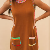 Brown Rainbow Rhinestone Trim Pocket Knit Tank Dress | Queen Of Sparkles
