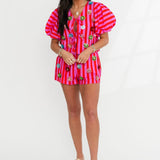 Hot Pink Stripe Sequin Flower Cotton Short | Queen Of Sparkles