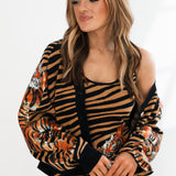 Black & Tan Tiger Stripe Button Up Cardigan With Crawling Tigers | Queen Of Sparkles