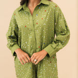 Olive Scattered Multi Rhinestone Cotton Button Up Romper | Queen Of Sparkles