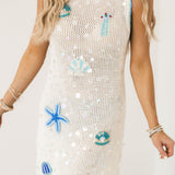 White & Blue Sea Icon Knit Pailette Tank Midi Dress | Queen Of Sparkles