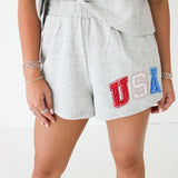 Grey Beaded "USA" Shorts | Queen Of Sparkles