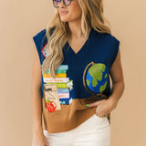 Navy Multi Books & Globe V Neck Knit Tank | Queen Of Sparkles