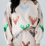 Beige Deer Head Sweatshirt | Queen Of Sparkles