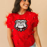 Licensed UGA Mascot Scattered Jewel Feather Short Sleeve Sweater | Queen Of Sparkles