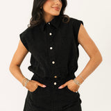 Black Full Rhinestone Button Up Romper | Queen Of Sparkles