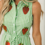 Green & White Gingham Beaded Strawberry Button Up Collar Midi Dress | Queen Of Sparkles