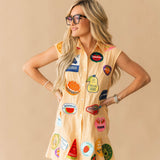 Yellow Gingham Fruit Sticker Button Up Collar Tank Dress | Queen Of Sparkles