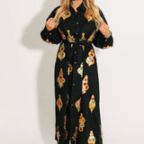 Black & Gold Jeweled Ornament Cotton Tie Midi Dress | Queen Of Sparkles