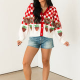 Red & White Checkered Strawberry Button Up Cardigan | Queen Of Sparkles