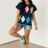 Navy Multi Argyle Golfer Tee | Queen Of Sparkles