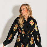 Black & Gold Jeweled Ornament Cotton Tie Midi Dress | Queen Of Sparkles