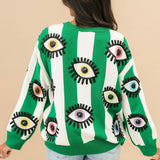 Green & White Striped Multi Eye Sweater | Queen Of Sparkles
