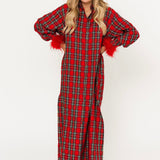 Red & Green Plaid Feather Sleeve Button Up Midi Dress | Queen Of Sparkles