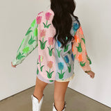 Striped Colorblock Sequin Tulip Button Up Cotton Long Sleeve Top | Queen Of Sparkles