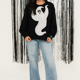 Black & White Flower Sequin Ghost Sweatshirt | Queen Of Sparkles