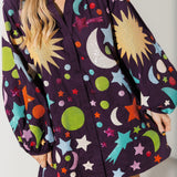Dark Purple Multi Galaxy Button Up Cotton Bubble Sleeve Dress | Queen Of Sparkles