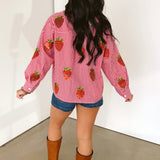 Red & White Gingham Beaded Strawberry Button Up Cotton Long Sleeve Top | Queen Of Sparkles