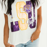 Licensed LSU Metallic Word With Icons Tee | Queen Of Sparkles