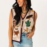 Beige Multi Western Icon Knit Button Up Vest | Queen Of Sparkles