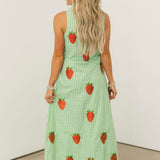 Green & White Gingham Beaded Strawberry Button Up Collar Midi Dress | Queen Of Sparkles
