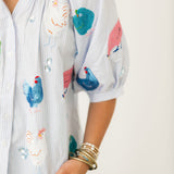 Light Blue Stripe Multi Chicken Button Up Cotton Top | Queen Of Sparkles