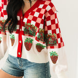 Red & White Checkered Strawberry Button Up Cardigan | Queen Of Sparkles