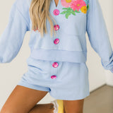 Dusty Blue Henley Jewel Button Short | Queen Of Sparkles