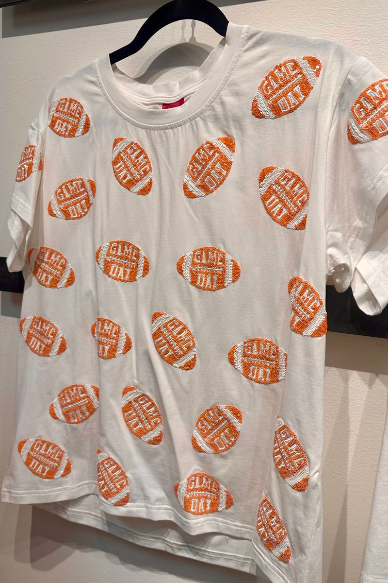PRE-ORDER WHITE AND ORANGE 'GAME DAY' FOOTBALL TEE | QUEEN OF SPARKLES